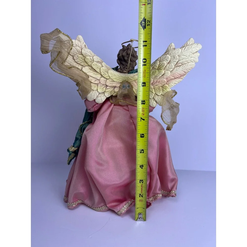 Vintage Angel Tree Topper Figurine Gold Wings Teal Pink Dress Christmas Decor‎